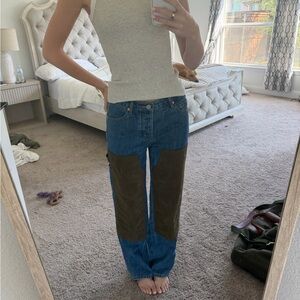 Straight Leg Two-Tone Denim Jeans with Brown Knee Panels